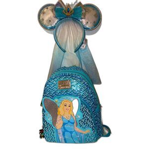Loungefly Pinocchio Blue Fairy Sequin Backpack & Disney Minnie Ears BUNDLE